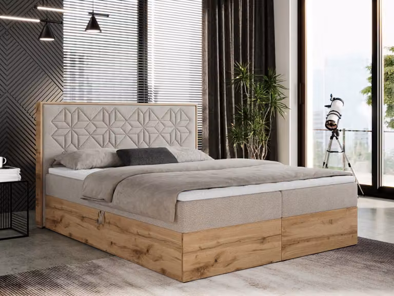 Letto boxspring 140x200 con contenitore, letto imbottito 140x200 con materasso H3, letto boxspring 140x200 con testiera, letto boxspring in legno massello - Nessi - Struttura beige - H3