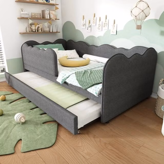 Letto imbottito Daybett 90x190 cm con letto estraibile, struttura in lino grigio senza materasso