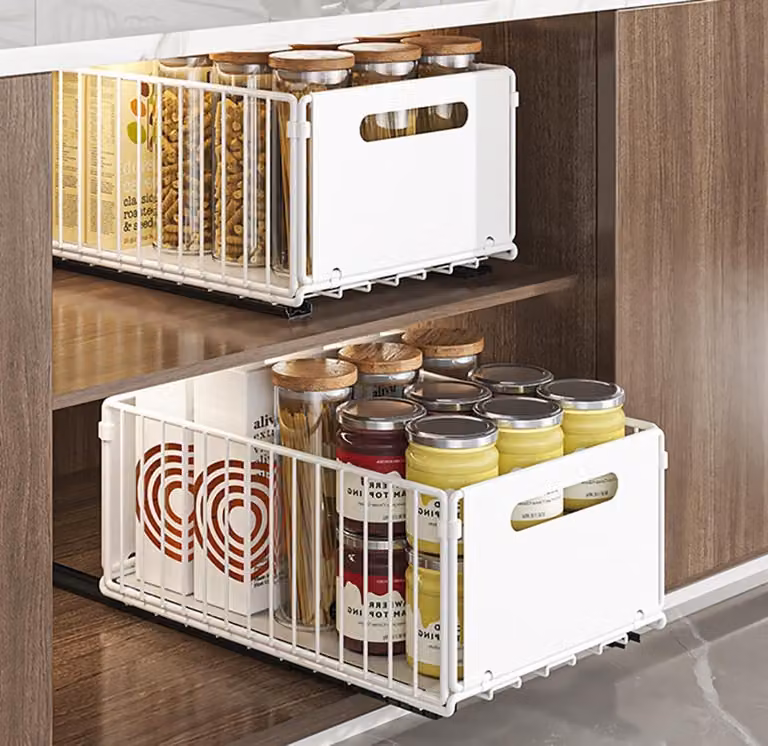 Organizzatore estraibile per armadi, dimensioni 38x25x19 cm, Acciaio al carbonio, 2 scomparti, colore bianco, per la cucina