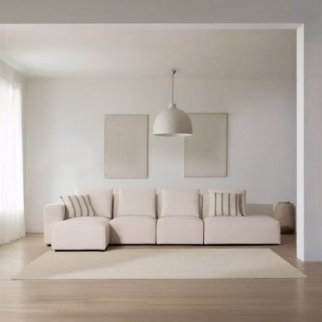 Divano modulare Banak a L da 5 posti con lato destro, beige, con cuscini inclusi