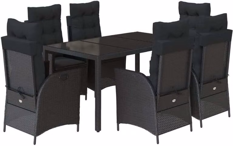 Set da Pranzo da Giardino 7 pz Nero con Cuscini in Polyrattan