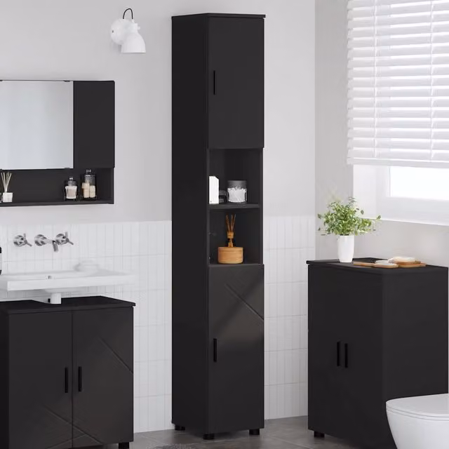 Mobile da bagno moderno vidaXL con ante a battente e ripiani interni, nero e marrone, L: 30 cm, P: 35 cm, H: 192 cm