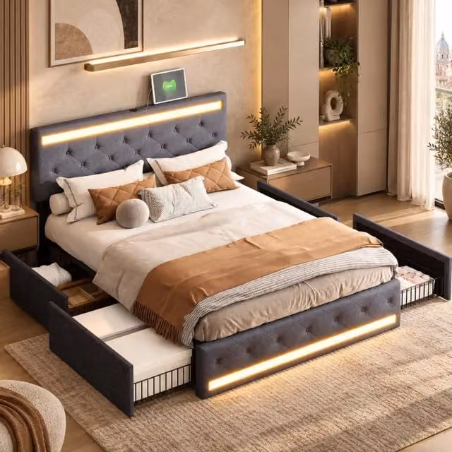 Letto imbottito 160x200cm con Contenitore;letto matrimoniale con 4 cassetticon;LED e USB; letto con testiera regolabile in altezza;Lino Grigio Scuro