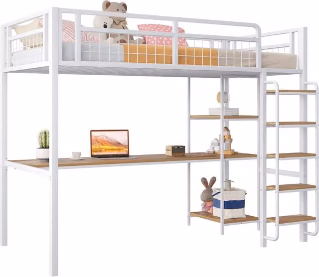 Letto a castello alto REDOM in metallo bianco con scala, scaffali laterali e scrivania, L/P/H: 200 x 90 x 183,7 cm – 1