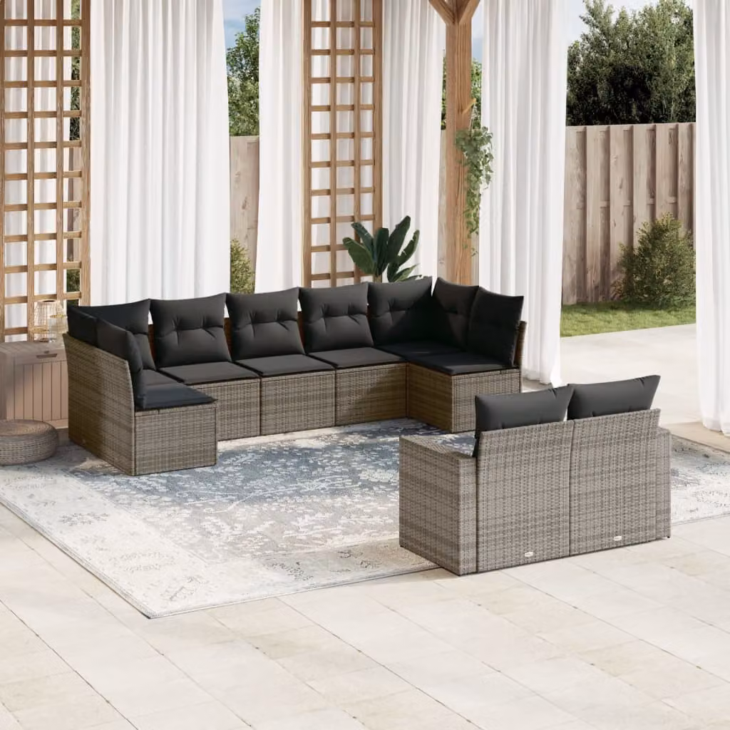 Set Divano da Giardino vidaXL 9 pz a Forma a L con Cuscini Grigio in Polyrattan e Struttura in Acciaio Verniciato a Polvere – 1