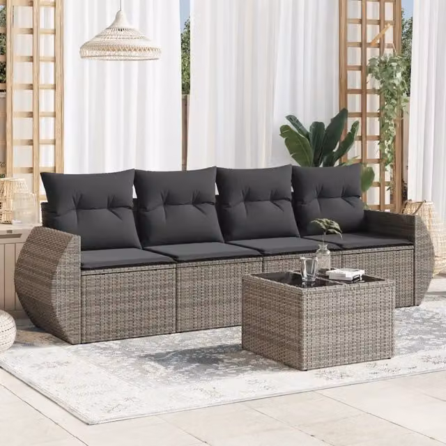 Set Divano da Giardino 5 pz con Cuscini-Sofa da Giardino-Divanetto da esterno Grigio in Polyrattan 905641