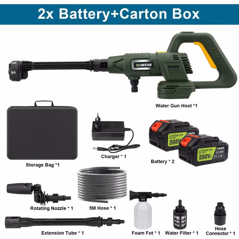 Idropulitrice elettrica - Pistola idropulitrice a batteria - Pressione: 200 bar - 3 modalità - Motore brushless - Ugello 6-in-1 - 2 batterie da 18V