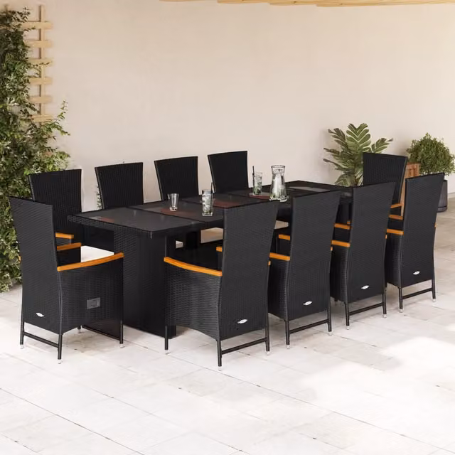 Set da Pranzo da Giardino vidaXL in Polyrattan e Legno di Acacia con Piano in Vetro, 11 Pezzi, Nero e Bianco