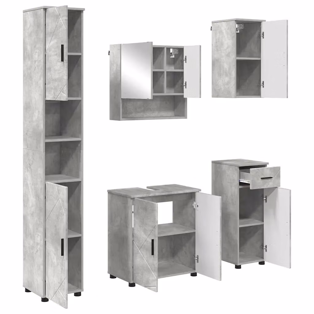 Set di mobili per il bagno moderno vidaXL in 5 pezzi Grigio con vanità, armadietto con specchio e colonna, L/P/H: 61 x 35 x 64 cm – 2