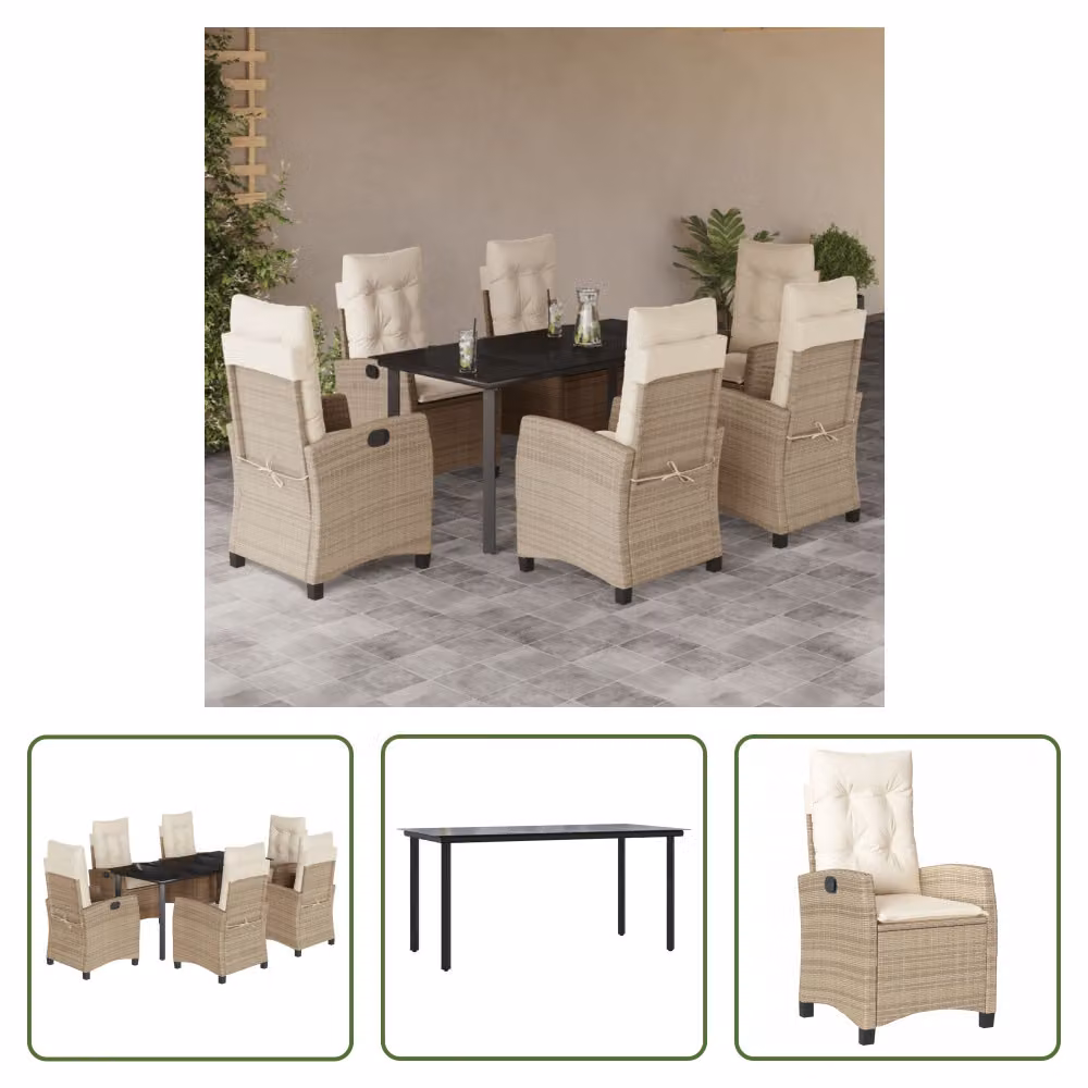 The Living Store Set da pranzo da giardino 7 pezzi con cuscini Beige poly rattan