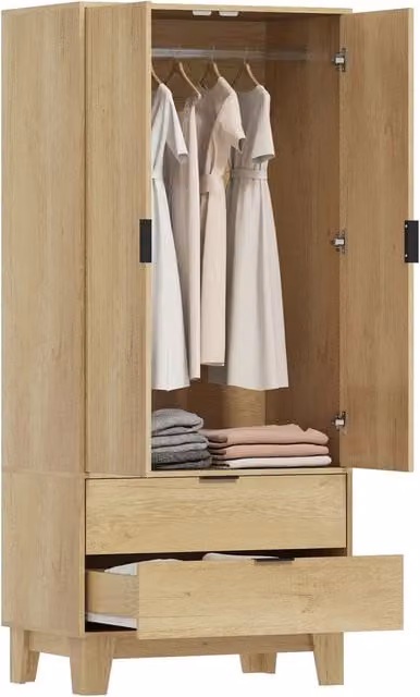 Armadio 2 ante scorrevoli ¨C Xylo ¨C 2 cassetti, barra appendiabiti, legno naturale, 80x50x180cm