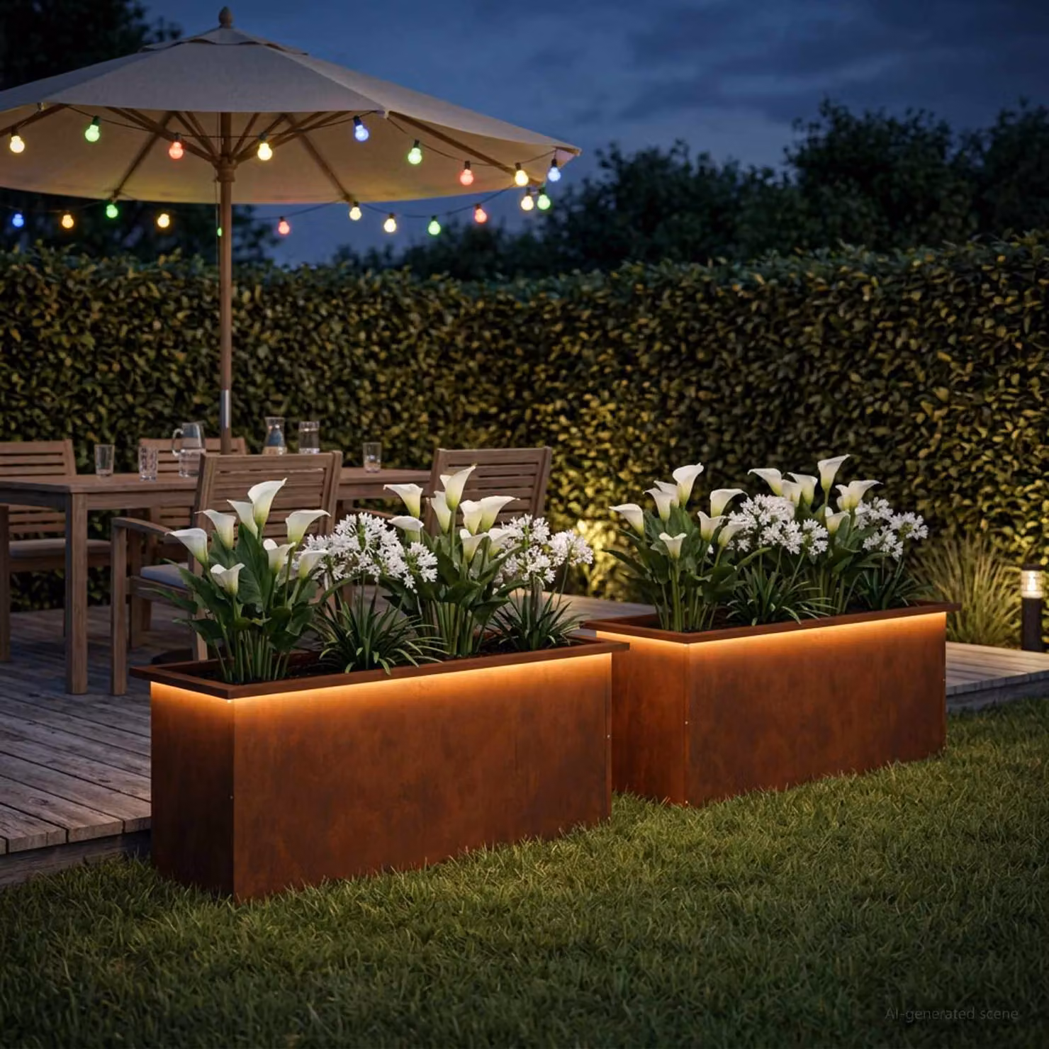 Set di 2 fioriere da giardino con LED vidaXL in acciaio, colore marrone, L: 100 cm, P: 40 cm, H: 40 cm