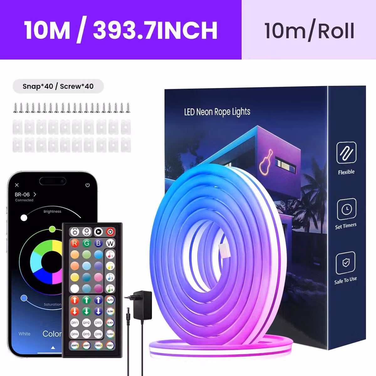 Striscia luminosa LED neon flessibile - Striscia LED RGB - Controllo tramite app e telecomando - Molteplici modalità di illuminazione - Grado di protezione IP65 - 24 V - 10 metri - Spina europea