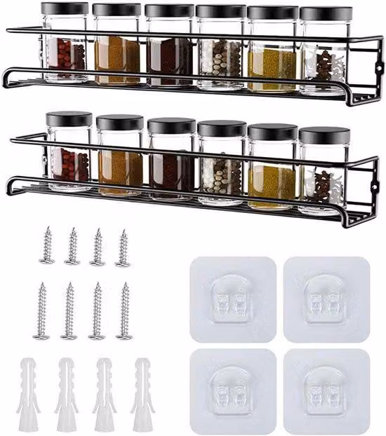 Organizzatore di scaffali per erbe aromatiche per armadi o montaggio a parete Set di 2/4 scaffali sospesi Ideale per 12/24 barattoli di spezie per l'armadio della cucina o l'anta del magazzino 29 x 6 x 6 cm (nero 2/4)