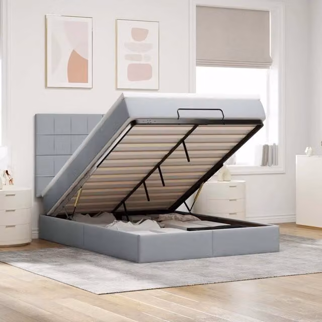Letto con contenitore a sollevamento vidaXL in tessuto grigio e bianco con materasso 140 x 190 cm