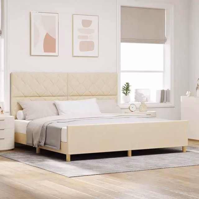 Letto matrimoniale moderno vidaXL con testiera imbottita in tessuto beige e struttura in legno di pino L/P/H: 200 x 200 x 128 cm
