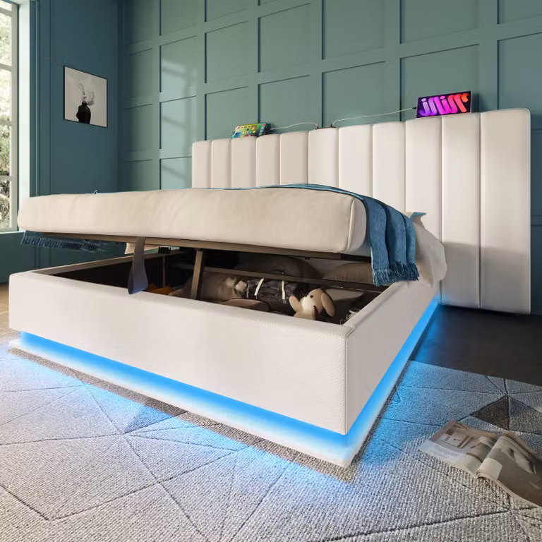 Letto imbottito idraulico Flieks 180x200cm con funzione di carico, letto matrimoniale a molle insacchettate letto giovanile con LED, letto contenitore con rete a doghe, PU, bianco
