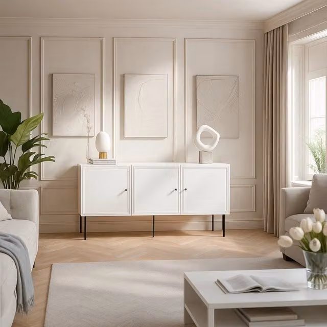 Madia da salotto DMORA Vigasio, mobile moderno con design geometrico e finitura opaca, Bianco, L: 151 cm, P: 40 cm, H: 75 cm
