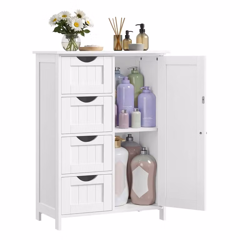Mobiletto da Bagno con Anta Cassetti Ripiano Regolabile, Bianco Nuvola / Con 3 Cassetti (35P x 65l x 90H cm)