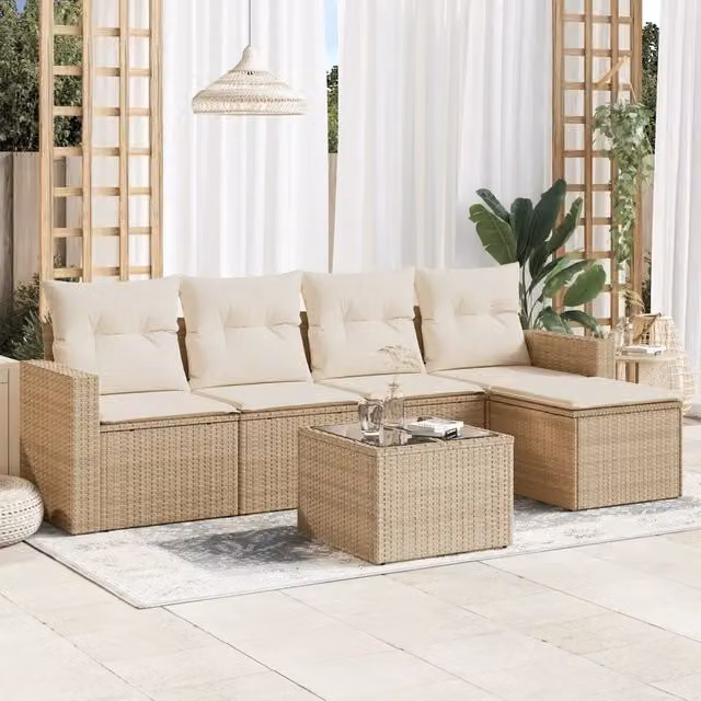 Set Divano da Giardino a L VIDAXL in Polyrattan Beige con Cuscini, 6 Posti