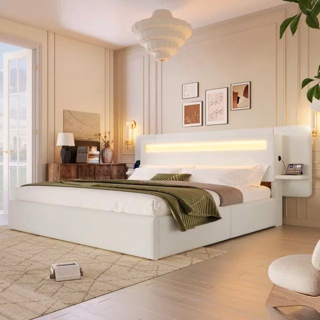 Letto imbottito 180x200 cm in lino beige con contenitore; LED multicolore e presa USB