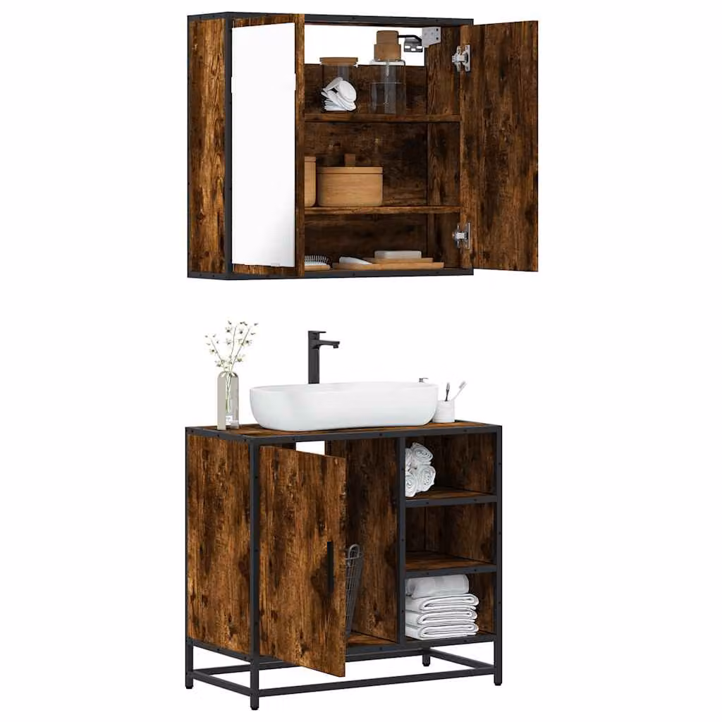 Set Mobili da Bagno 2 pz vidaXL in Stile Industrial con Mobile Lavabo e Armadietto con Specchio in Legno e Metallo, Colore Marrone