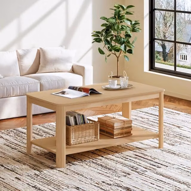 Tavolino da Salotto in Legno, 100x50x45 cm, Colore Legno Naturale, Struttura a Doppio Livello con Spazio Aperto per Contenitori