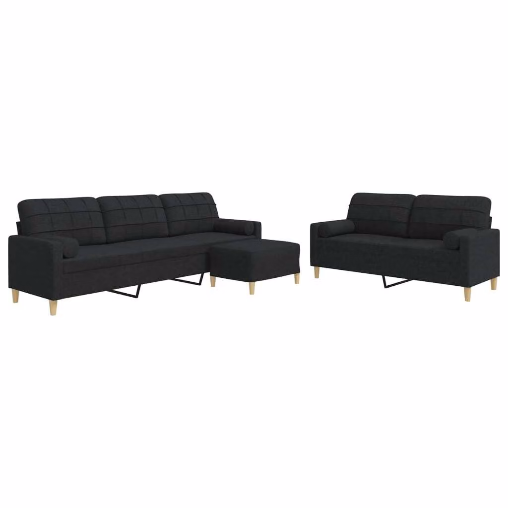 Set Divani 3 pz con Poggiapiedi e Cuscini Nero in Tessuto