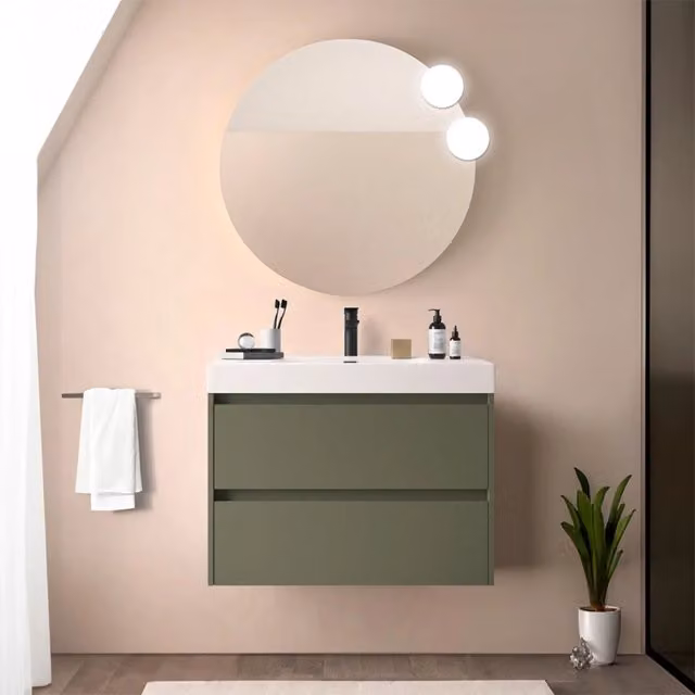 Mobile bagno sospeso 80 cm verde satinato con due cassetti e lavabo in resina Gaya
