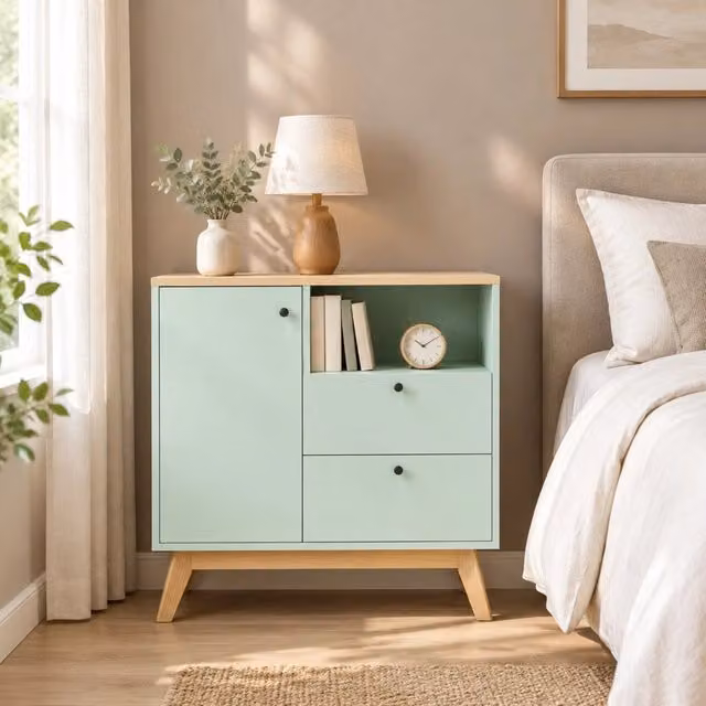 Credenza da soggiorno 80x35x76,3 cm in MDF verde chiaro e rovere –