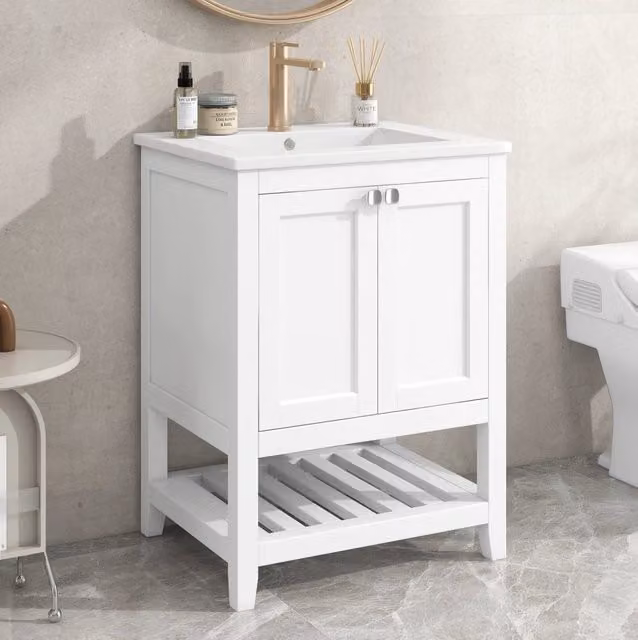 Mobile bagno con lavabo in ceramica, 61x46x90 cm, bianco, legno massello e MDF