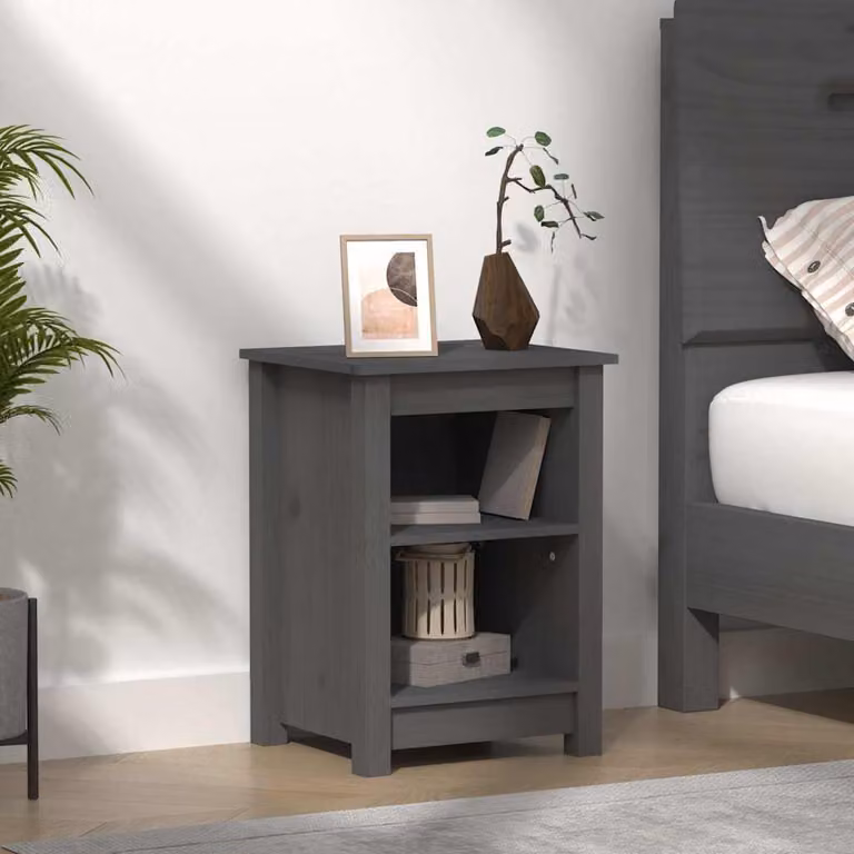 Comodino vidaXL in legno massello di pino grigio, sospeso a parete, L: 40 cm, P: 35 cm, H: 55 cm