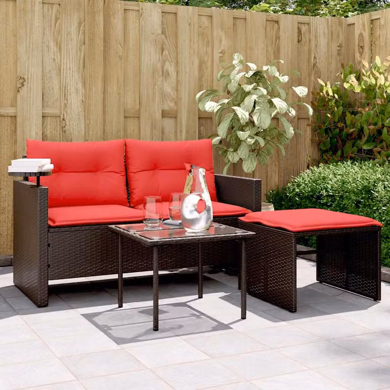 Set da giardino vidaXL composto da divano a 2 posti, tavolino e pouf in polyrattan marrone con cuscini imbottiti e coperture rimovibili