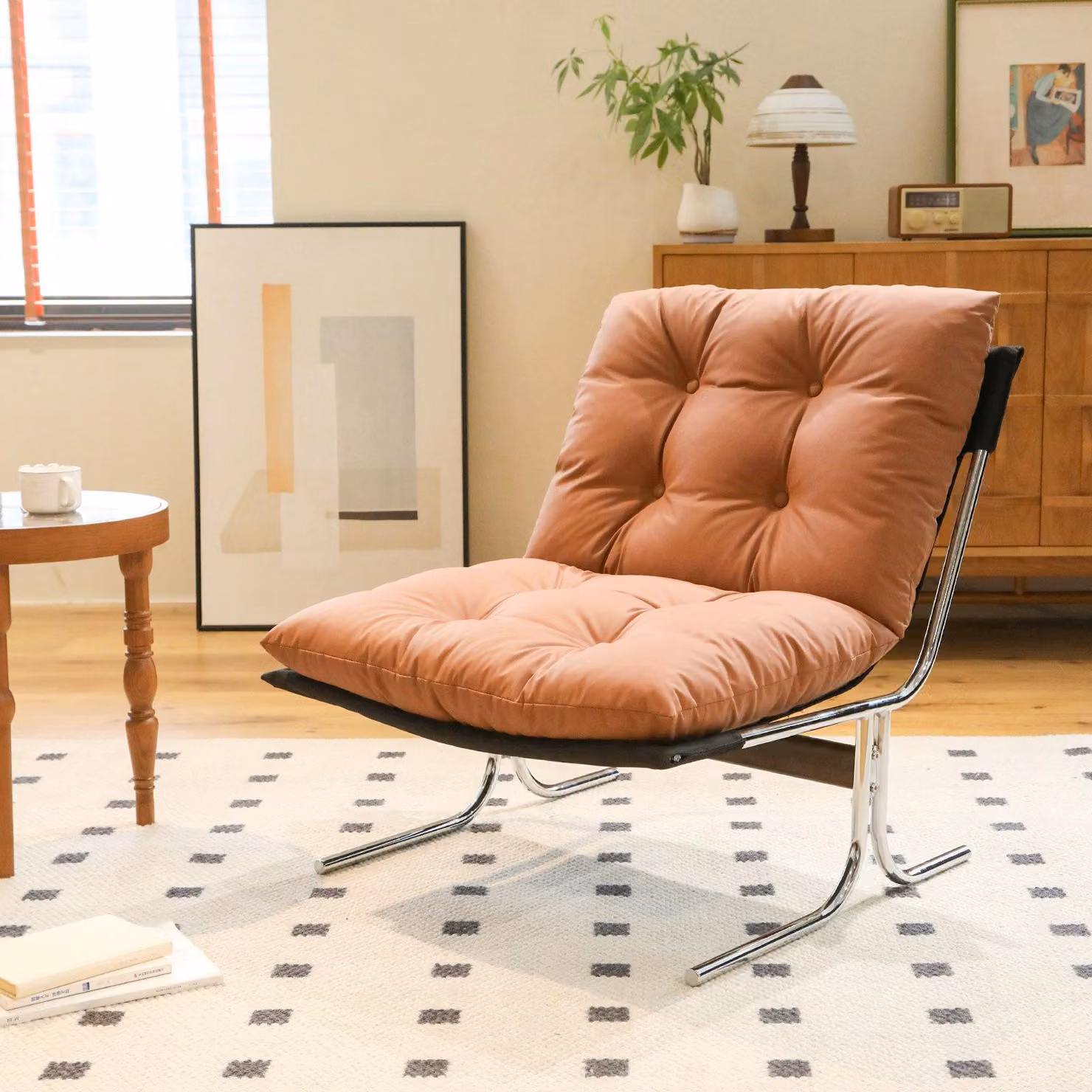 Poltrona lounge LVHOM in stile Barcelona, poltrona relax con finiture cromate, poltrona imbottita in ecopelle, cuscino rimovibile, poltrona da lettura per soggiorno e balcone