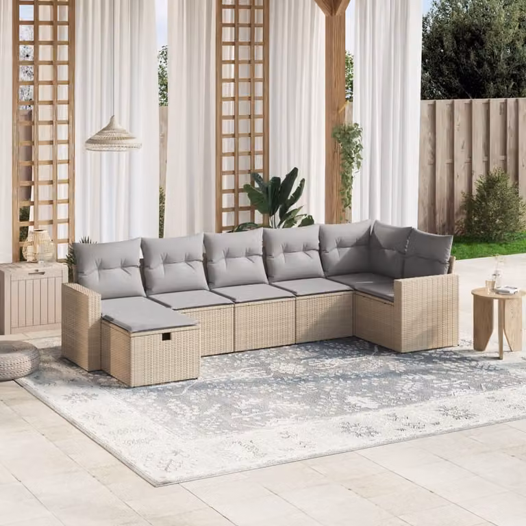 vidaXL Set Divano da Giardino a L 7 pz in Polyrattan con Cuscini Beige e Grigio e Struttura in Acciaio Verniciato a Polvere