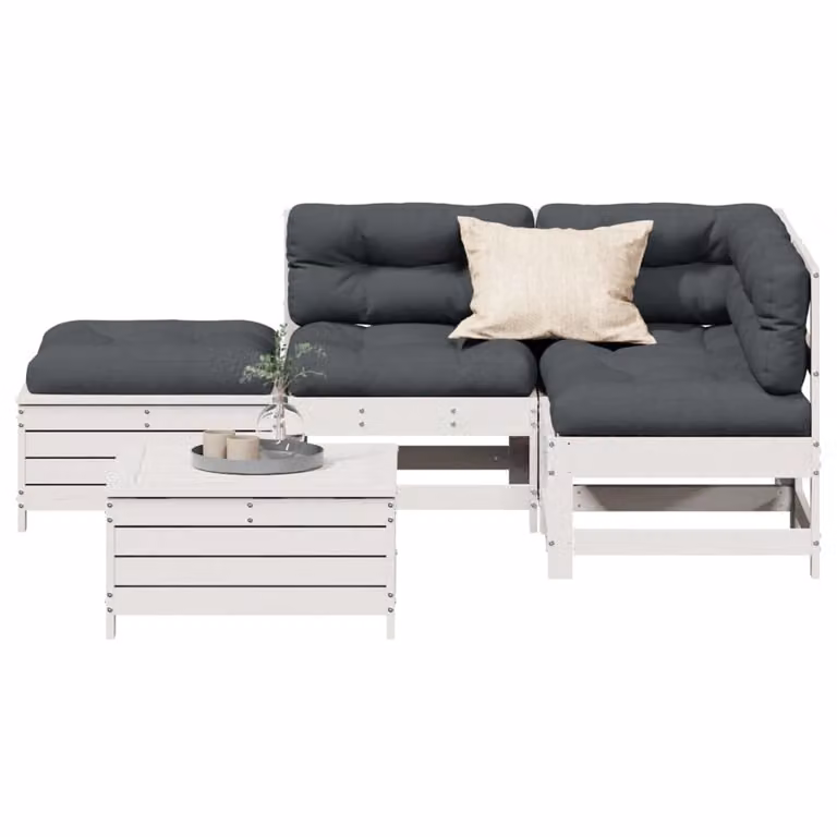 Set Salotto da Giardino vidaXL a Forma di L in Legno di Pino Trattato con 5 Pezzi, Cuscini Bianchi e Antracite e Ottoman incluso