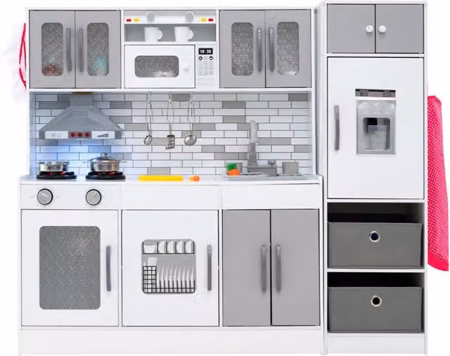 Cucina da gioco in legno con accessori, luci e funzioni interattive, Grigio