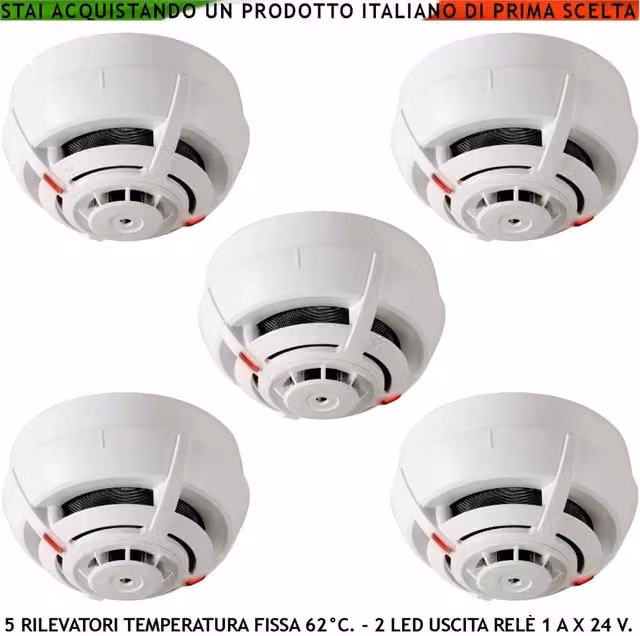 Rilevatori di temperatura Securvera con soglia fissa a 62°C, 5 sensori termovelocimetrici, uscita relè e stato impianto, colore bianco