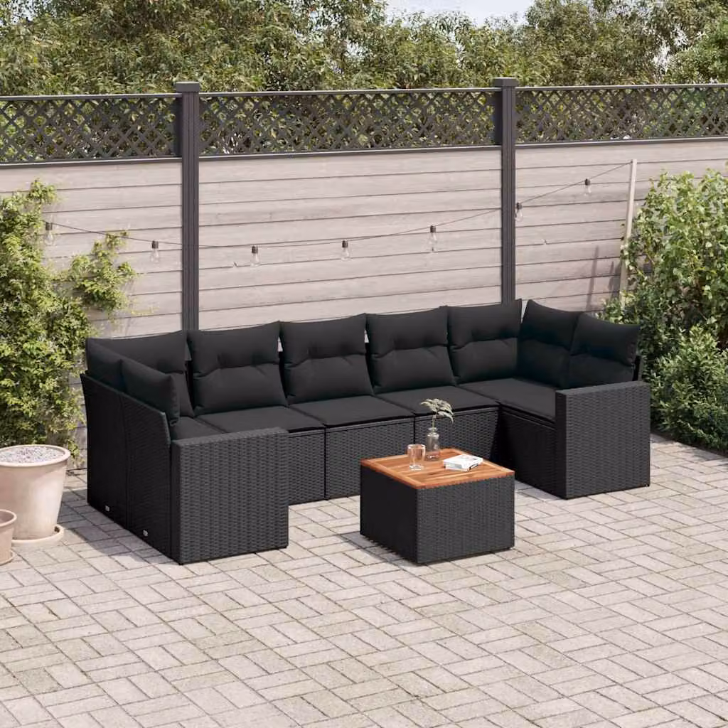 vidaXL Set Divani da Giardino a L in Polyrattan Nero con 8 Cuscini e Tavolino da Esterno – 1