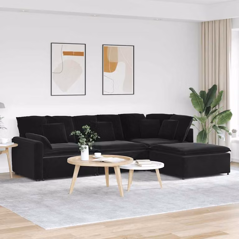 vidaXL Divano Modulare a L in Velluto Nero con Poggiapiedi e Cuscini