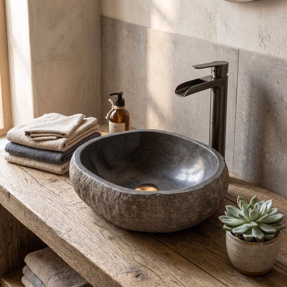 Lavabo NATURSTEIN-L, circa 40 cm, pietra di fiume, masso erratico