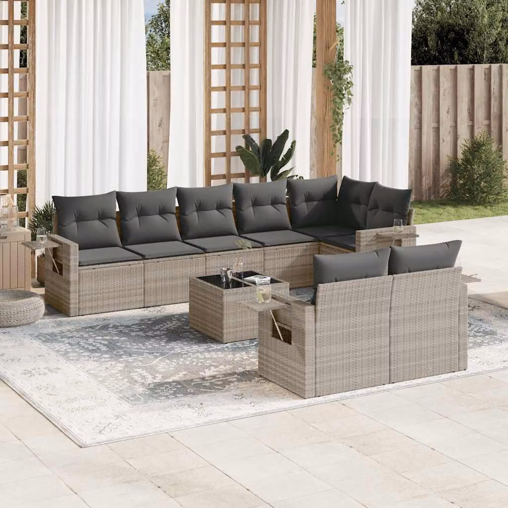 vidaXL Set Divano da Giardino a L 9pz in Polyrattan Grigio con Cuscini e Tavolino da Esterno – 1
