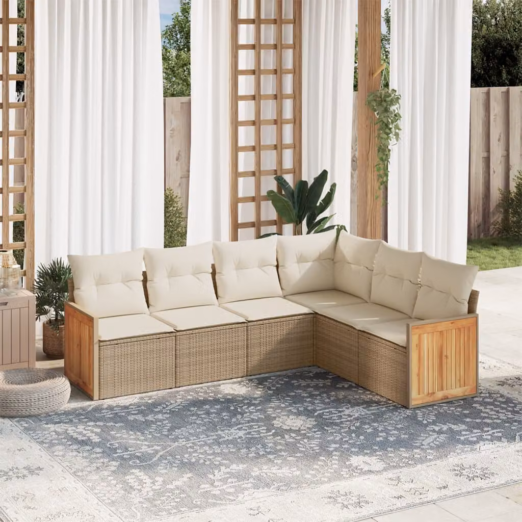 vidaXL Set Divano da Giardino a L 6 pz in Polyrattan con Cuscini Beige e Struttura in Legno di Acacia – 1