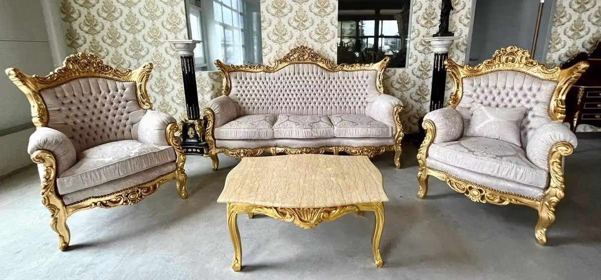 Casa Padrino Set da salotto barocco grigio / oro - 1 divano barocco e 2 poltrone barocche - Mobili da salotto in stile barocco - Mobili barocchi - Mobili da salotto barocchi