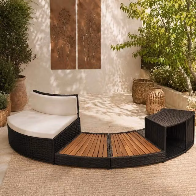 Whirlpool Surround Made Of Black Poly Rattan And Solid Acacia Wood