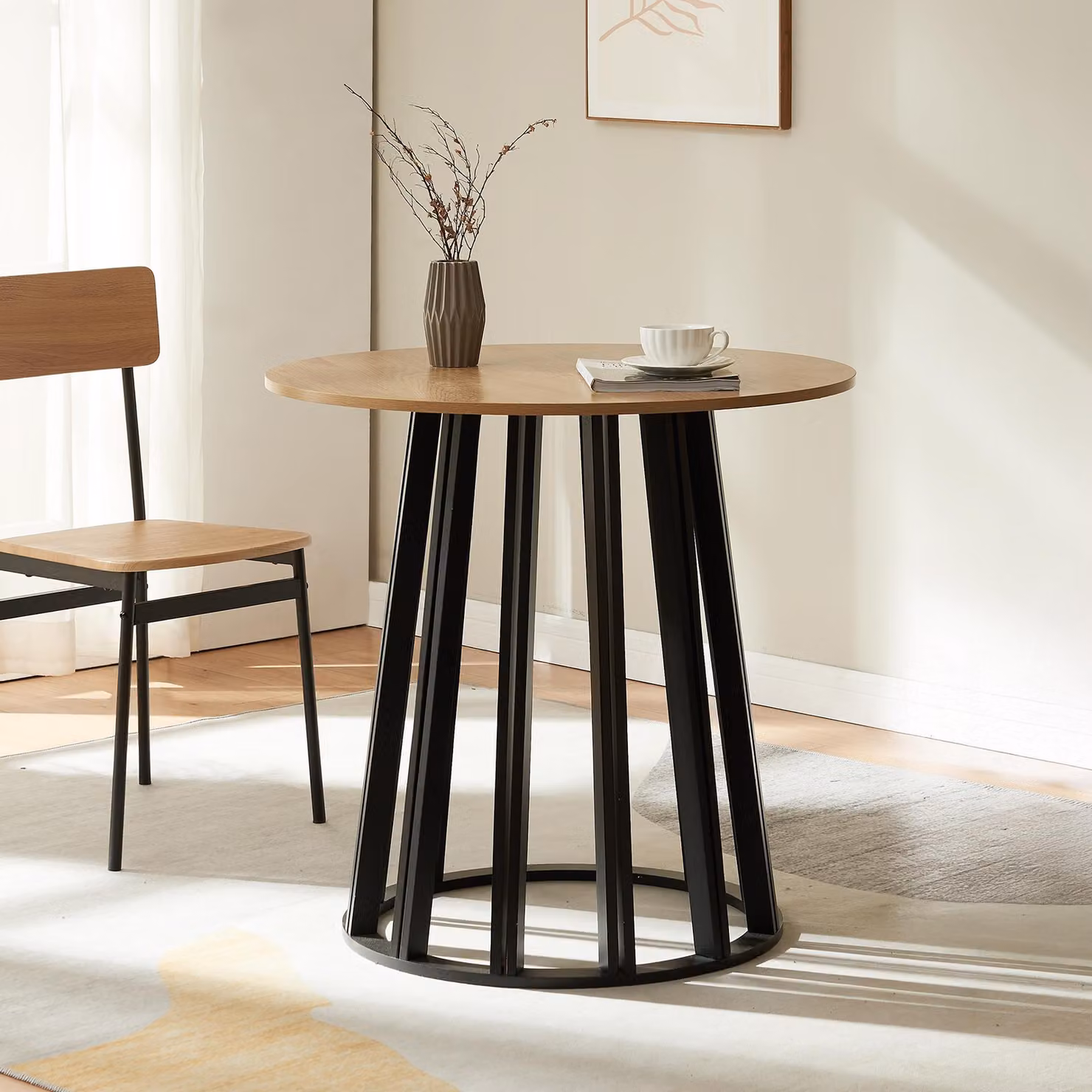 Tavolo da pranzo "Lensuu" 76 x Ø80 cm Tavolo da cucina con struttura in metallo Tavolo da bistrot rotondo Nero/effetto rovere
