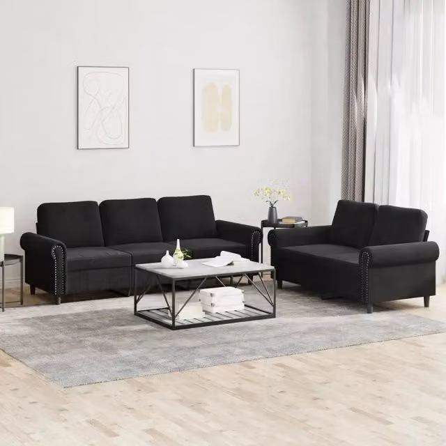 Set di divani vidaXL da 2 pezzi in velluto nero con cuscini, composto da un divano a 2 posti e un divano a 3 posti per il tuo soggiorno moderno