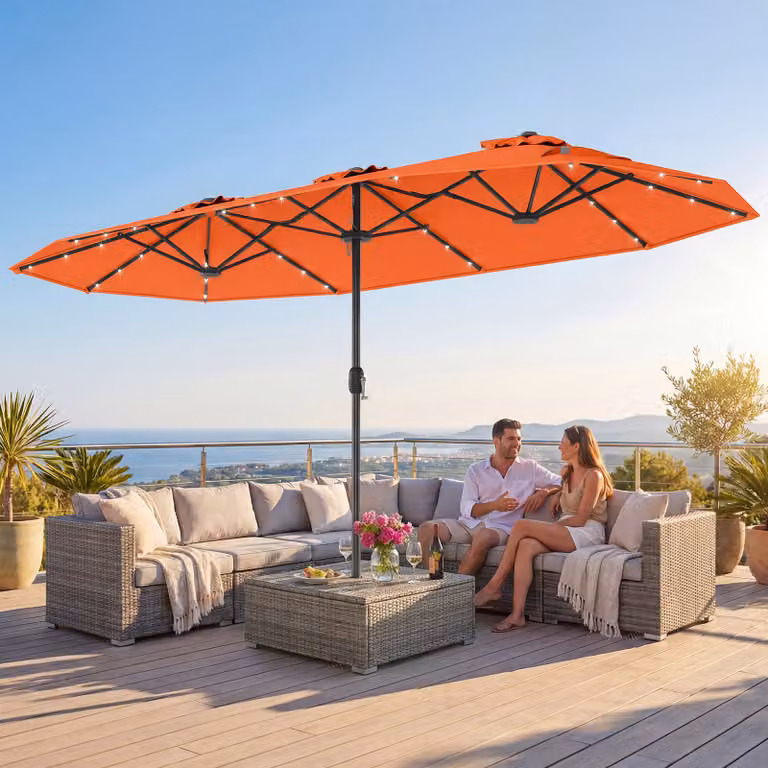 Ombrellone doppio da giardino Costway arancione con luci solari, modello a sbalzo rettangolare con manovella, L: 405 cm x P: 225 cm