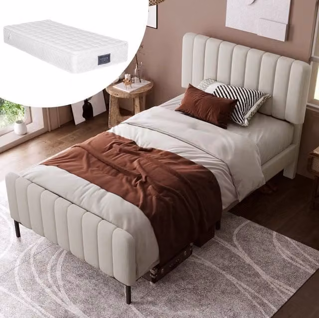 Letto singolo imbottito 90x200 cm con rete a doghe e testiera regolabile; grigio-beige