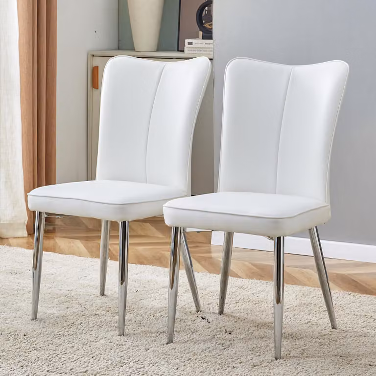 Set di 2 sedie da pranzo, rivestite in PU, con seduta confortevole e gambe in metallo (bianco e argento)